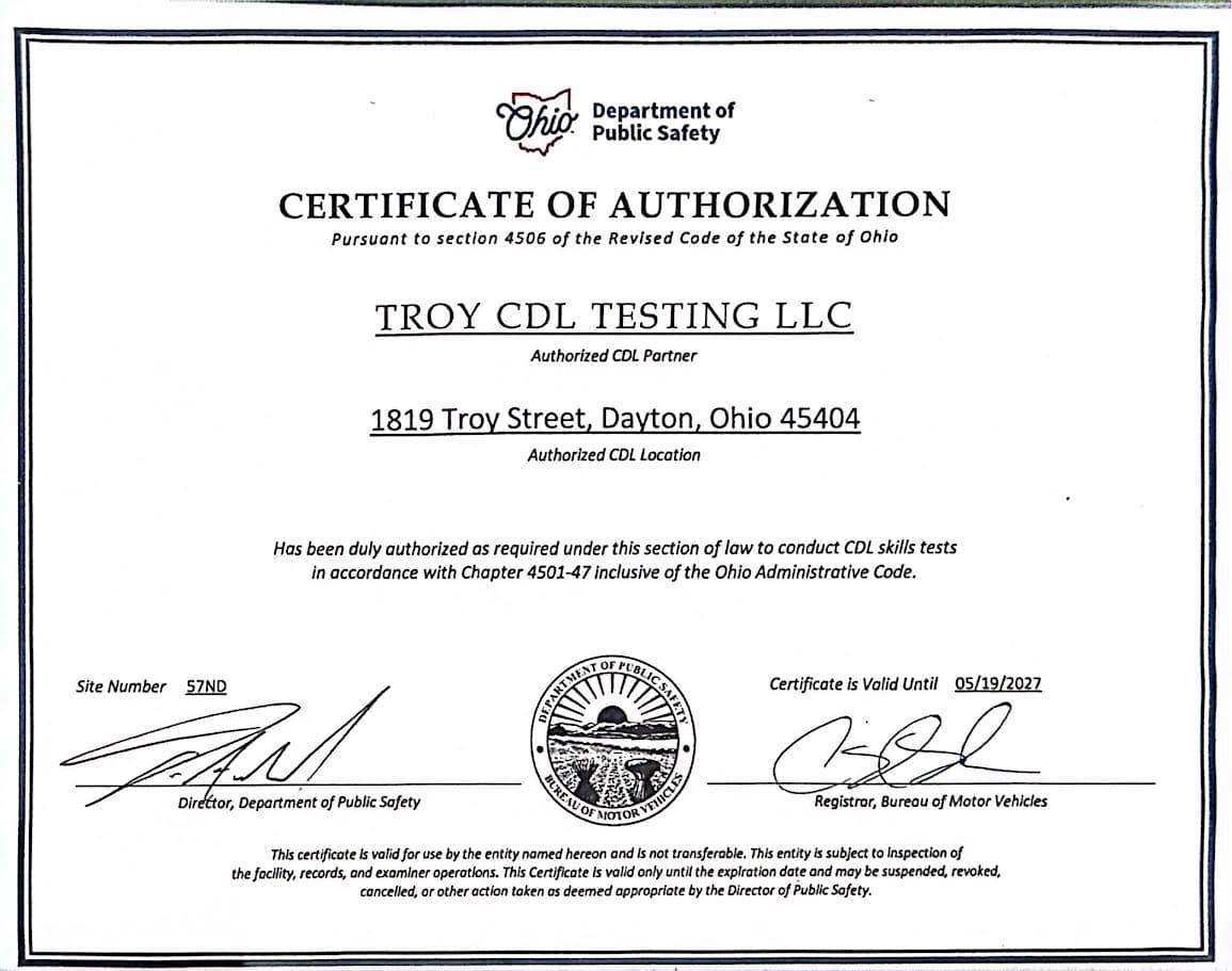Certificate of Authorization — Troy CDL Testing LLC
