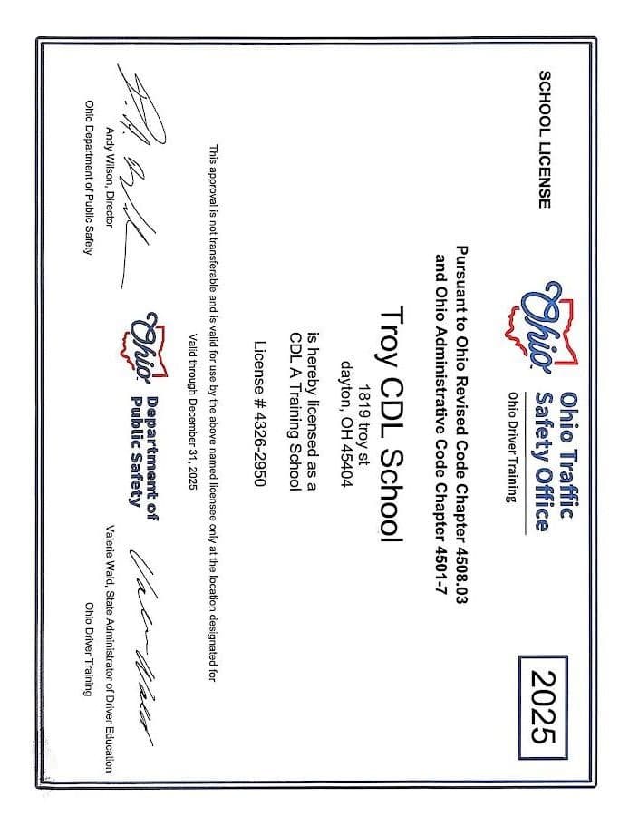 Ohio School License — Troy CDL School